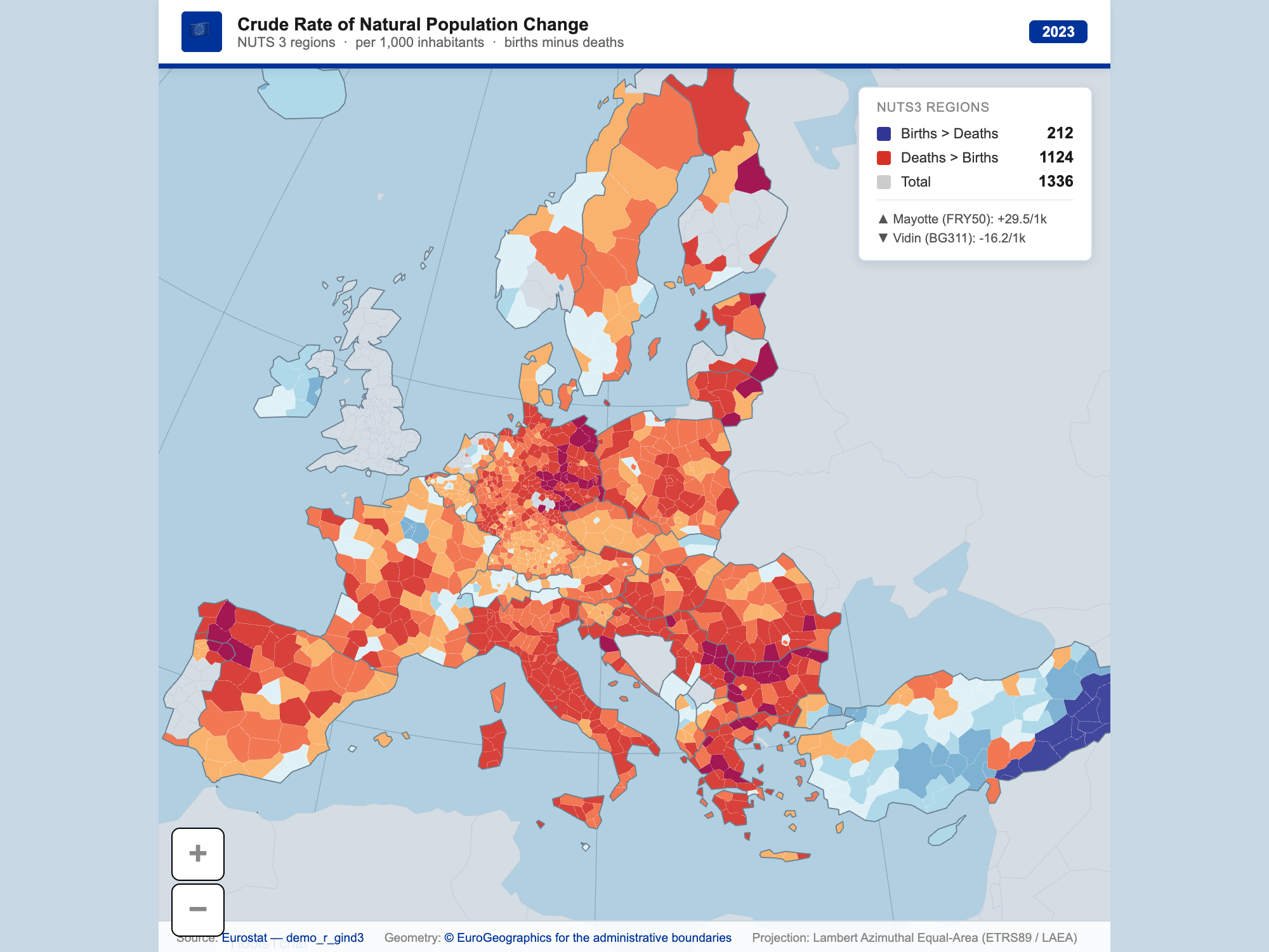 Interactive ixMaps diverging choropleth of natural population balance across EU NUTS3 regions.
